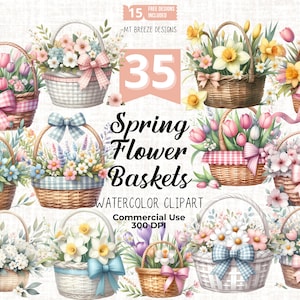 Ensemble de 35 cliparts de panier de fleurs printanières - Floral aquarelle Clip Art PNG pour cartes de fête des mères, travaux manuels de Pâques, sublimation, autocollants