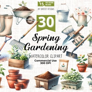 30 Gartenarbeit Clipart Set - hochauflösende Frühlingsgarten Aquarell Clip Art PNG Dateien für Kartenherstellung, Papierhandwerk, Sublimation, Aufkleber