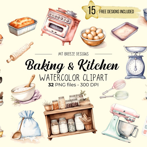 Baking Watercolor Clipart Set - 32 High Resolution Kitchen and Bakery Clip Art PNG files w/ baking tools, kitchen items, and baked goods
