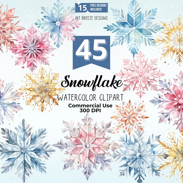 45 Snowflake Watercolor Clipart Set, High Resolution Pastel, Pink, Blue, Gold XMas Snow Clip Art PNG files, card making, crafts, sublimation