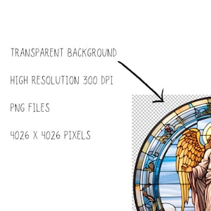 May include: A stained glass window depicting an angel with wings outstretched, surrounded by a blue and gold halo. The angel is wearing a white robe and has long blonde hair. The background is a blue sky with clouds.