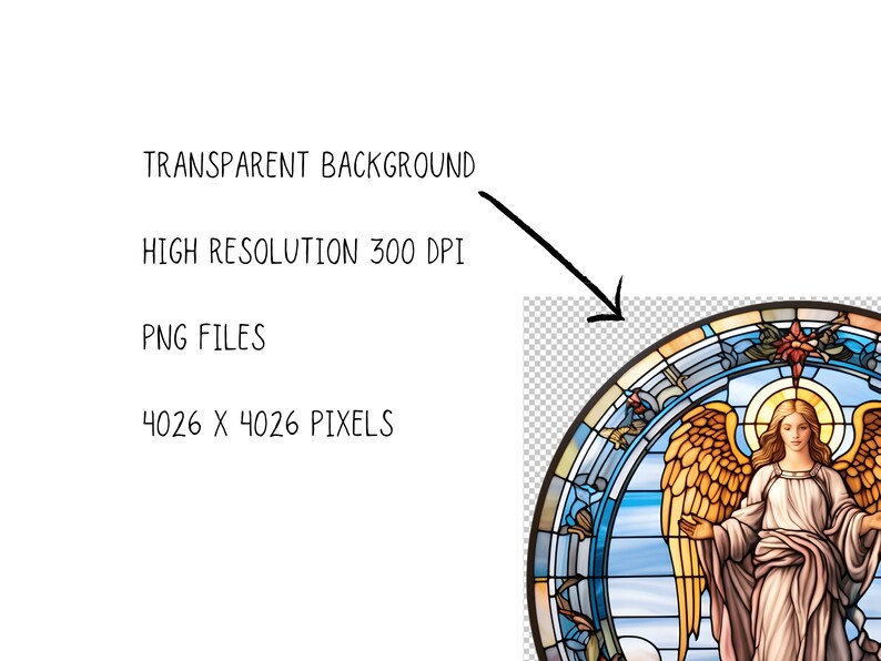 May include: A stained glass window depicting an angel with wings outstretched, surrounded by a blue and gold halo. The angel is wearing a white robe and has long blonde hair. The background is a blue sky with clouds.