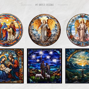 May include: Six stained glass window designs featuring scenes from the Nativity story. The designs include the three wise men, an angel, the Holy Family, and the star of Bethlehem.
