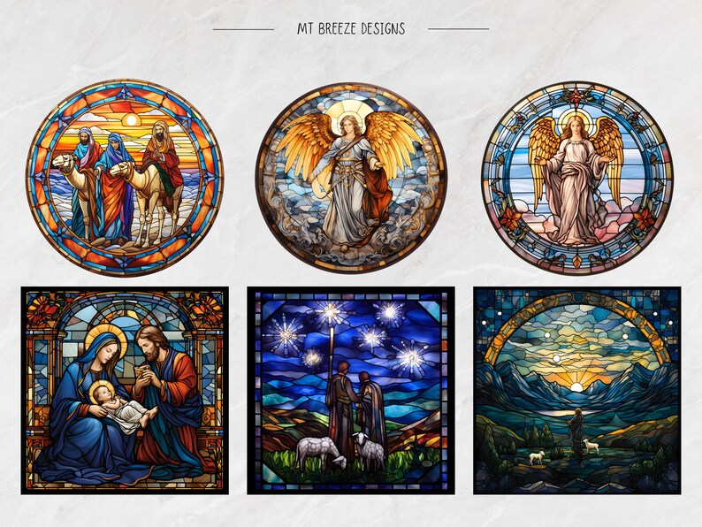 May include: Six stained glass window designs featuring scenes from the Nativity story. The designs include the three wise men, an angel, the Holy Family, and the star of Bethlehem.