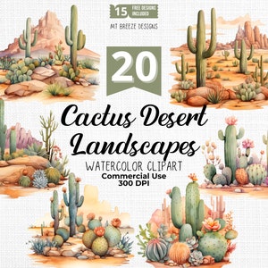 Ensemble de cliparts de paysage désertique de cactus - fichiers PNG haute résolution de clipart aquarelle cactus pour sublimation, t-shirts, créations en papier, cartes