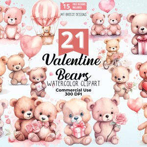 21 Valentine Bears Clipart Set - High Resolution Cute Teddy Bear Valentine's Day Clip Art PNG files, card making, paper crafts, sublimation