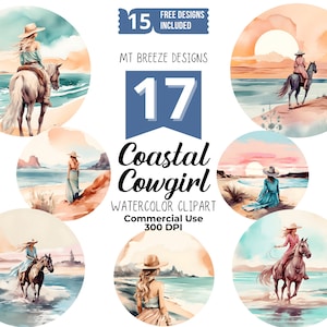 Coastal Cowgirl Watercolor Clipart Set - High Resolution Beach Western Clip Art PNG files for sublimation, t-shirts, paper crafting, cards