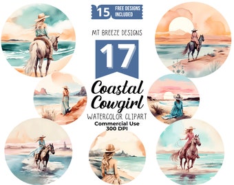 Kustnära cowgirl akvarell clipart set - högupplösta strand västerländska clipart PNG-filer för sublimering, t-shirts, pappersarbete, kort