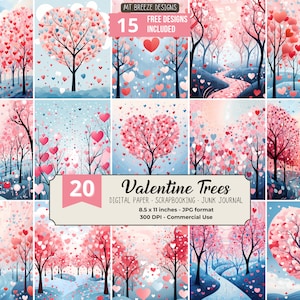 May include: A digital paper pack with 20 Valentine's Day themed designs featuring pink and blue trees with hearts. The text "Valentine Trees" is in a white banner with a pink border. The text "Digital Paper - Scrapbooking - Junk Journal" is below the banner. The text "8.5 x 11 inches - JPG format" is below the banner. The text "300 DPI - Commercial Use" is below the banner.