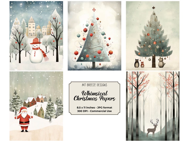 20 Whimsical Christmas Digital Paper Set, Xmas Holiday Background, Download Junk Journal JPG, Winter Scrapbook Paper, US Letter Vertical image 4