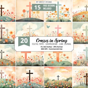 20 cruces en conjunto de papel digital de primavera, fondo de cruz de Pascua, descargar diario basura JPG, papel de álbum de recortes cristiano, carta horizontal de EE. UU.