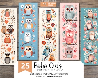 Boho Owls PRINTABLE Bookmarks, High Resolution Digital Download Floral Owl JPG Bookmark Set, PNG bookmark sublimation, book-lover gift