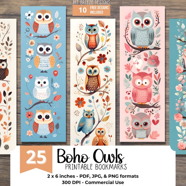 Boho Owls PRINTABLE Bookmarks, High Resolution Digital Download Floral Owl JPG Bookmark Set, PNG bookmark sublimation, book-lover gift