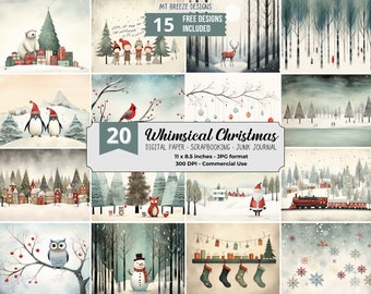 20 Whimsical Christmas Digital Paper Set, Xmas Holiday Background, Download Junk Journal JPG, Winter Scrapbook Paper, US Letter Horizontal,