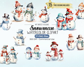 Set di clipart ad acquerello per famiglia con pupazzo di neve e pupazzo di neve, file PNG di clipart di Natale ad alta risoluzione, singoli pupazzi di neve, coppie di pupazzi di neve e famiglie