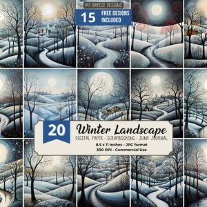 20 Winter Landscape Digital Paper Set, Snowy Countryside Background, Download Junk Journal JPG, Winter Scrapbook Paper, US Letter Vertical