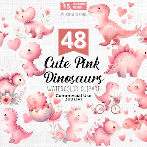 48 Cute Baby Dinosaurs Clipart Set - High Resolution Pink Dino Valentine's Day Clip Art PNG files for card making, paper crafts, sublimation