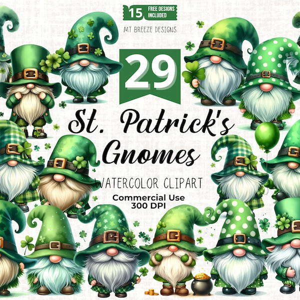 29 St Patrick's Day Gnomes Clipart Set - High Resolution Green Gnome Clip Art PNG files for card making, paper crafts, sublimation, stickers
