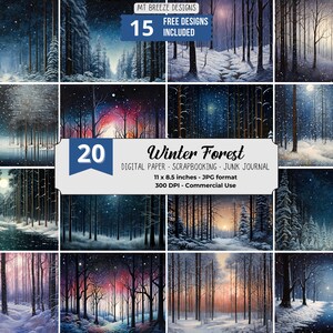 20 Winter Forest Digital Paper Set, Xmas Holiday Background, Download Junk Journal JPG, Pine Tree Scrapbook Paper, US Letter Horizontal