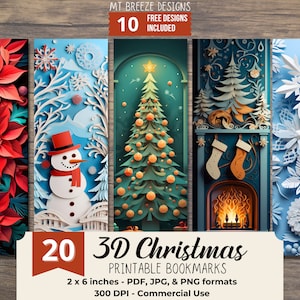 3D Christmas PRINTABLE Bookmarks, High Resolution Digital Download Winter Holiday Xmas JPG Bookmark Set, PNG sublimation, stocking stuffer