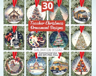 30 School and Teacher Round Ornament PNG Bundle - Sublimation Ornament Designs for math, science, music, art, language, history, bus driver