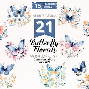 21 Schmetterling Blumen Aquarell Clipart Set - hochauflösende Schmetterling Clip Art PNG Dateien für Papierbasteln, Kartenherstellung, Sublimation