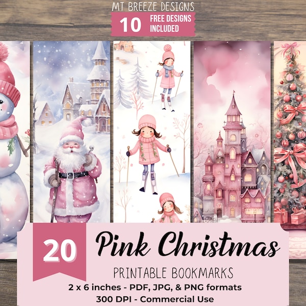 20 Pink Christmas PRINTABLE Bookmarks, High Resolution Digital Download Winter Holiday JPG Bookmark Set, PNG sublimation, stocking stuffer