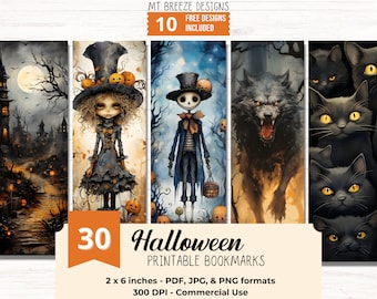 30 Halloween DRUCKBARE Lesezeichen - Hohe Auflösung, digitaler Download gruseliges JPG Lesezeichen-Set, PNG Lesezeichen Sublimation, Geschenk für Buchliebhaber