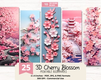 3D Cherry Blossom PRINTABLE Bookmarks, High Resolution Digital