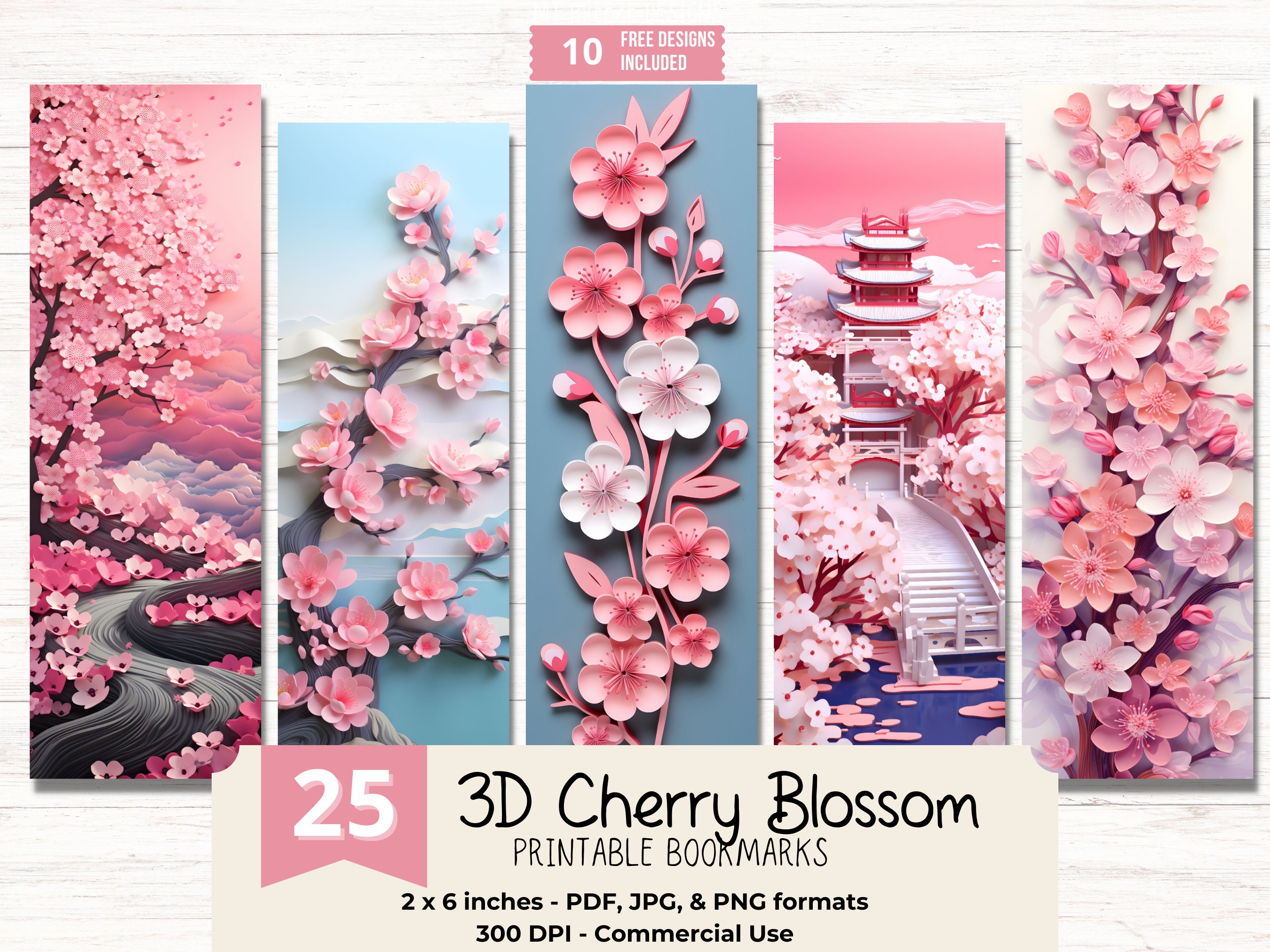 3D Cherry Blossom PRINTABLE Bookmarks, High Resolution Digital