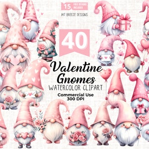 40 Valentine Gnomes Clipart Set - Hoge resolutie Pink Heart Gnome Clip Art PNG-bestanden voor het maken van kaarten, papierambachten, sublimatie, stickers