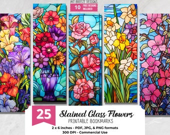 Stained Glass Flowers PRINTABLE Bookmarks, High Resolution Digital Download Floral JPG Bookmark Set, PNG sublimation, gift for book-lover