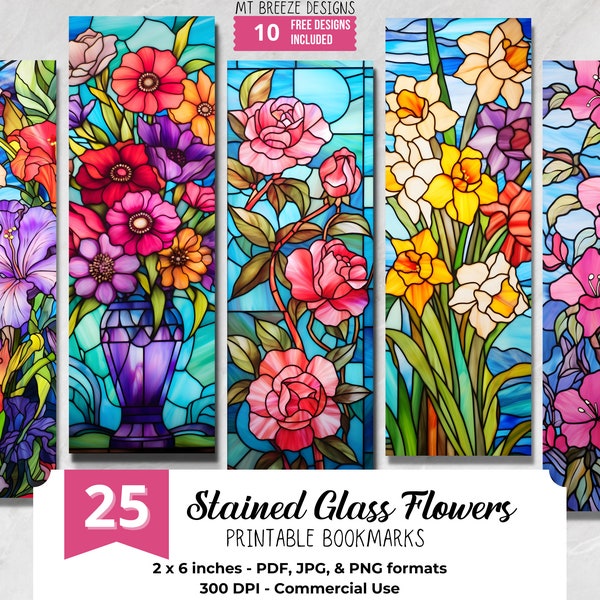 Stained Glass Flowers PRINTABLE Bookmarks, High Resolution Digital Download Floral JPG Bookmark Set, PNG sublimation, gift for book-lover
