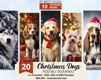 May include: Set of 20 printable Christmas dog bookmarks. Each bookmark features a different dog breed wearing a Santa hat and surrounded by festive decorations. The bookmarks are 2 inches by 6 inches and are available in PDF, JPG, and PNG formats. 300 DPI - Commercial Use.