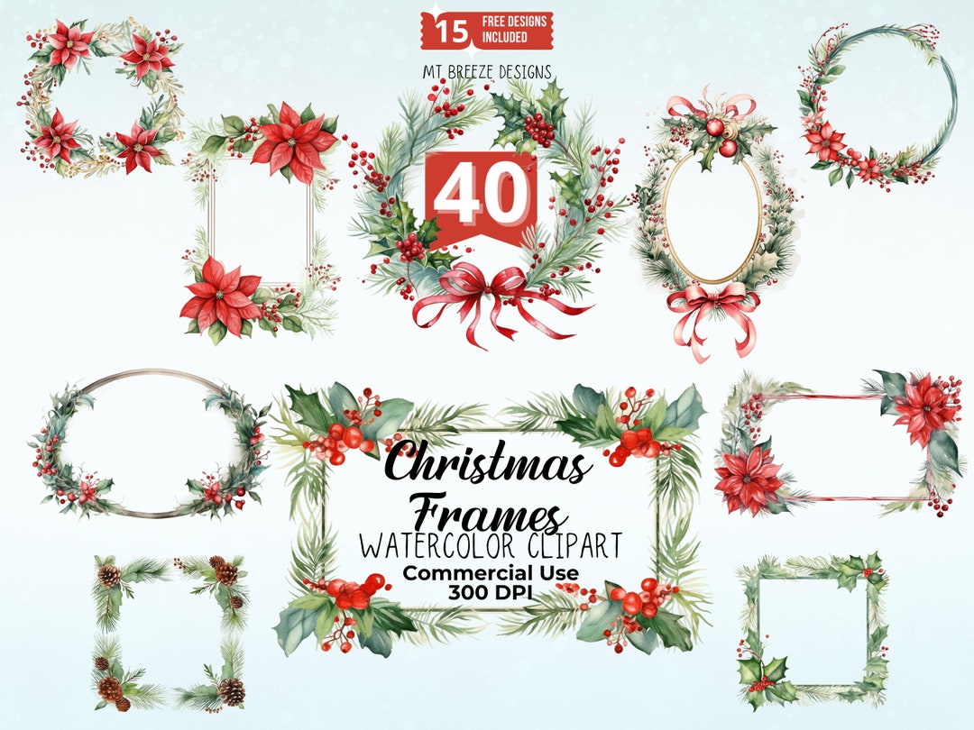 40 Christmas Frames Watercolor Clipart Set, High Resolution Holiday ...