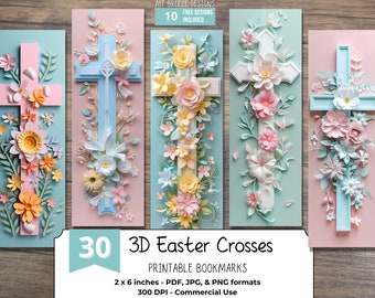 3D Easter Crosses PRINTABLE Bookmarks, Christian Crucifix High Resolution Digital Download JPG Bookmark Set, PNG sublimation book lover gift