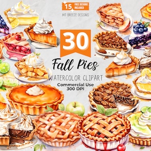 Conjunto de clipart de aquarela de tortas de outono, torta de abóbora de ação de graças de alta resolução, torta de maçã arquivos PNG para fabricação de cartões, artesanato em papel, sublimação