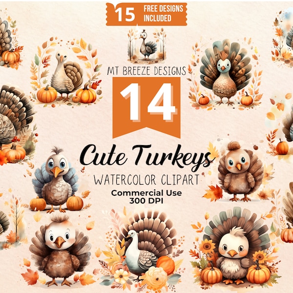 Cute Turkeys Vintage Watercolor Clipart Set, High Resolution Thanksgiving Turkey Day PNG files for card making, paper crafts, sublimation