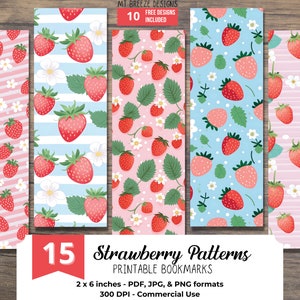 May include: Set of 15 printable strawberry bookmark patterns in pink, blue, and white. The patterns feature strawberries, flowers, and stripes. The bookmarks are 2 inches by 6 inches and are 300 DPI. They are available in PDF, JPG, and PNG formats and are for commercial use.