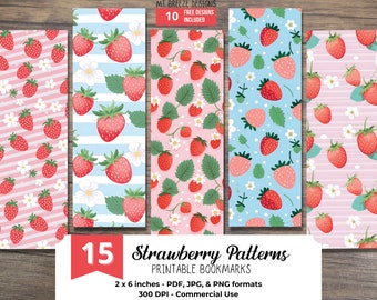 15 Strawberry Pattern PRINTABLE Bookmarks, High Resolution Digital Download Cute Strawberries JPG Bookmark Set, PNG sublimation, book gift