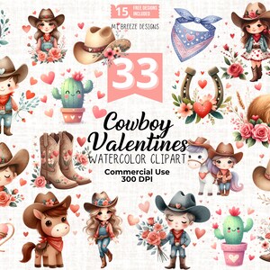 33 Cowboy Valentinstag Clipart Set - hochauflösende Western Cowgirl Clip Art PNG Dateien für Kartenherstellung, Papierhandwerk, Sublimation, Aufkleber