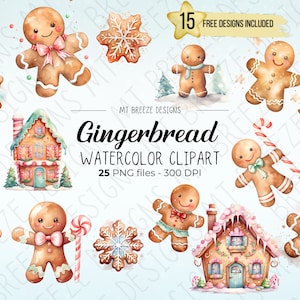 25 Gingerbread Cookie Watercolor Clipart Set - High Resolution Xmas Clip Art PNG files w/ gingerbread men, snowflake cookies, and houses