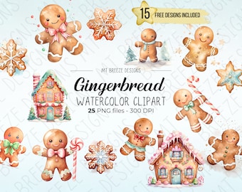25 Gingerbread Cookie Watercolor Clipart Set - High Resolution Xmas Clip Art PNG files w/ gingerbread men, snowflake cookies, and houses