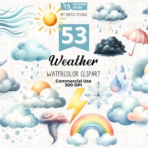 53 Weather Clipart Set - Cute sun, moon, and rain cloud clip art PNG files for baby shower cards, nursery decor, paper crafts, sublimation