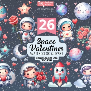 26 Conjunto de clipart aquarela dos namorados do espaço, clipart de astronauta e planeta arquivos PNG para confecção de cartões, artesanato em papel, sublimação, decoração de berçário