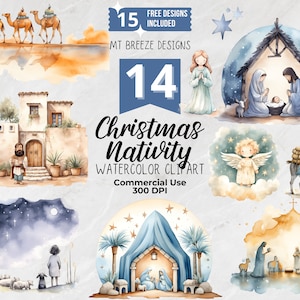Ensemble de 14 cliparts aquarelle Nativité - Bible de Noël haute résolution Clip Art PNG pour la fabrication de cartes de vœux, travaux manuels en papier, sublimation