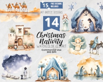 14 Nativity Watercolor Clipart Set - High Resolution Christmas Bible Clip Art PNG files for holiday card making, paper crafts, sublimation