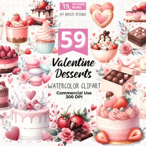 May include: A set of 59 watercolor clipart images of Valentine's Day desserts. The images include cakes, cupcakes, cookies, macarons, chocolate, and ice cream. The images are perfect for creating invitations, cards, and other Valentine's Day crafts.