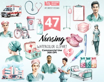 Set di clipart per infermieri, file PNG ad alta risoluzione per clipart ad acquerello infermieristico, clipart per infermieri neri, clipart per medici e ospedali per sublimazione