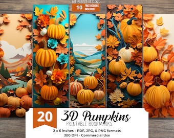 3D Pumpkin PRINTABLE Bookmarks, High Resolution Digital Download Fall Autumn JPG Bookmark Set, PNG bookmark sublimation, gift for book-lover